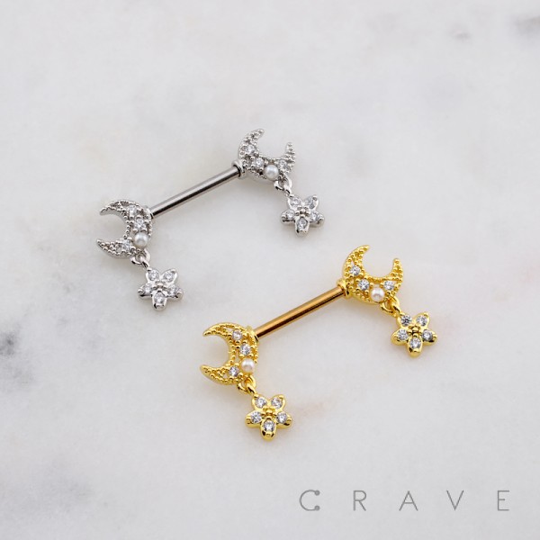 MULTI CZ MOON FLOWER DANGLE 316L SURGICAL STEEL NIPPLE RING MULTI CZ MOON FLOWER DANGLE 316L SURGICAL STEEL NIPPLE RING